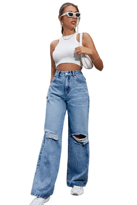 Women's Fashion ripped high waist wide leg casual denim trousers