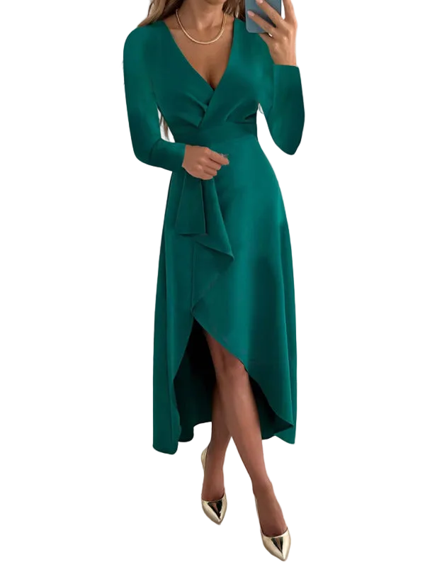 Women's Long Sleeve V-Neck Gathered Hem Slit Dress